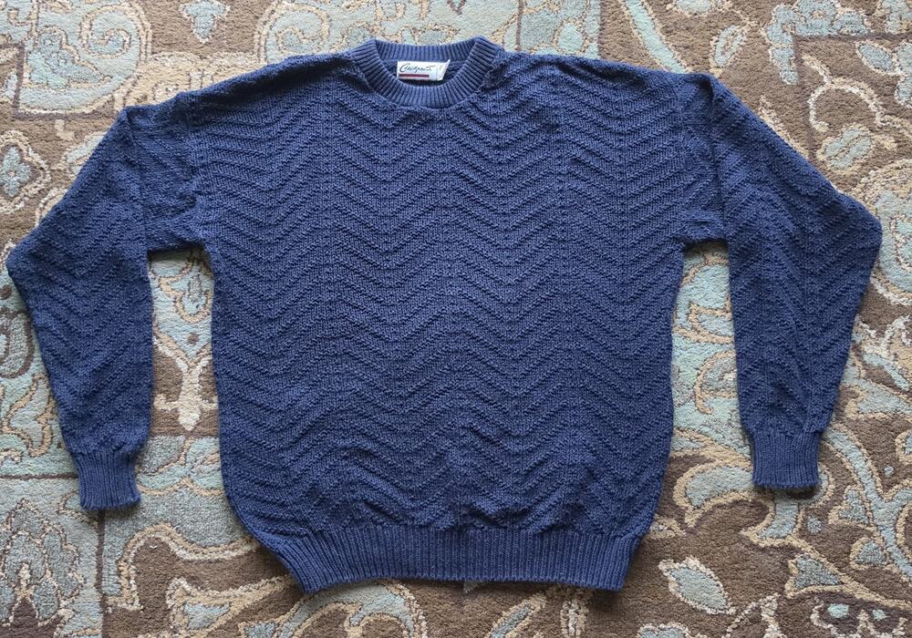 VTG 90s Grunge Mens Large Navy Blue Textured Chevron Fisherman Knit Sweater